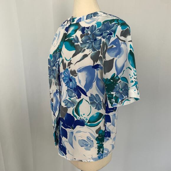 Vintage Blouse Top Size 12 Blue White Floral Short Sleeve Button Casual Office - Picture 4 of 12